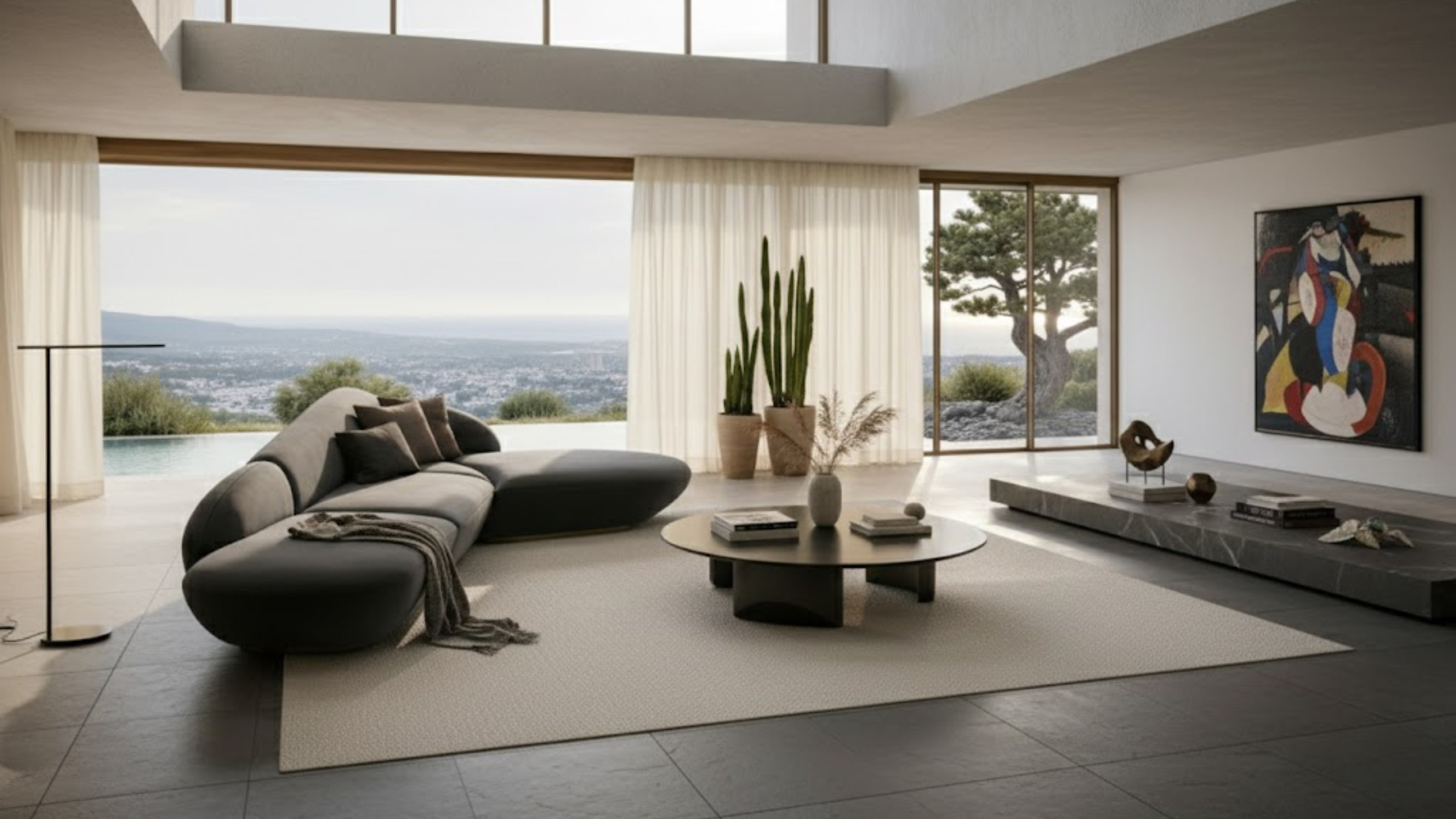 The Moderna sofa in a living room with a city view